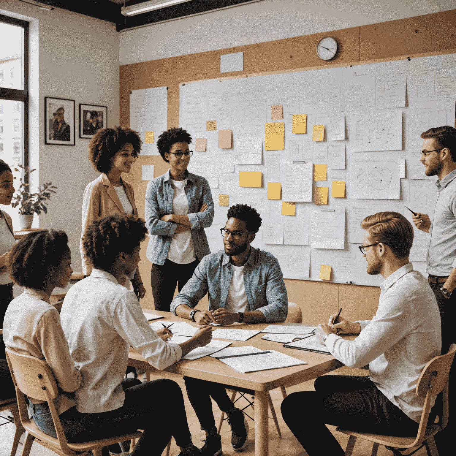 Diverse Gruppe von Menschen, die gemeinsam an einem Tisch sitzen und Projektideen diskutieren. Im Hintergrund sind Pinnwände mit Notizen und Skizzen zu sehen, die die kollaborative Natur der Plattform symbolisieren.
