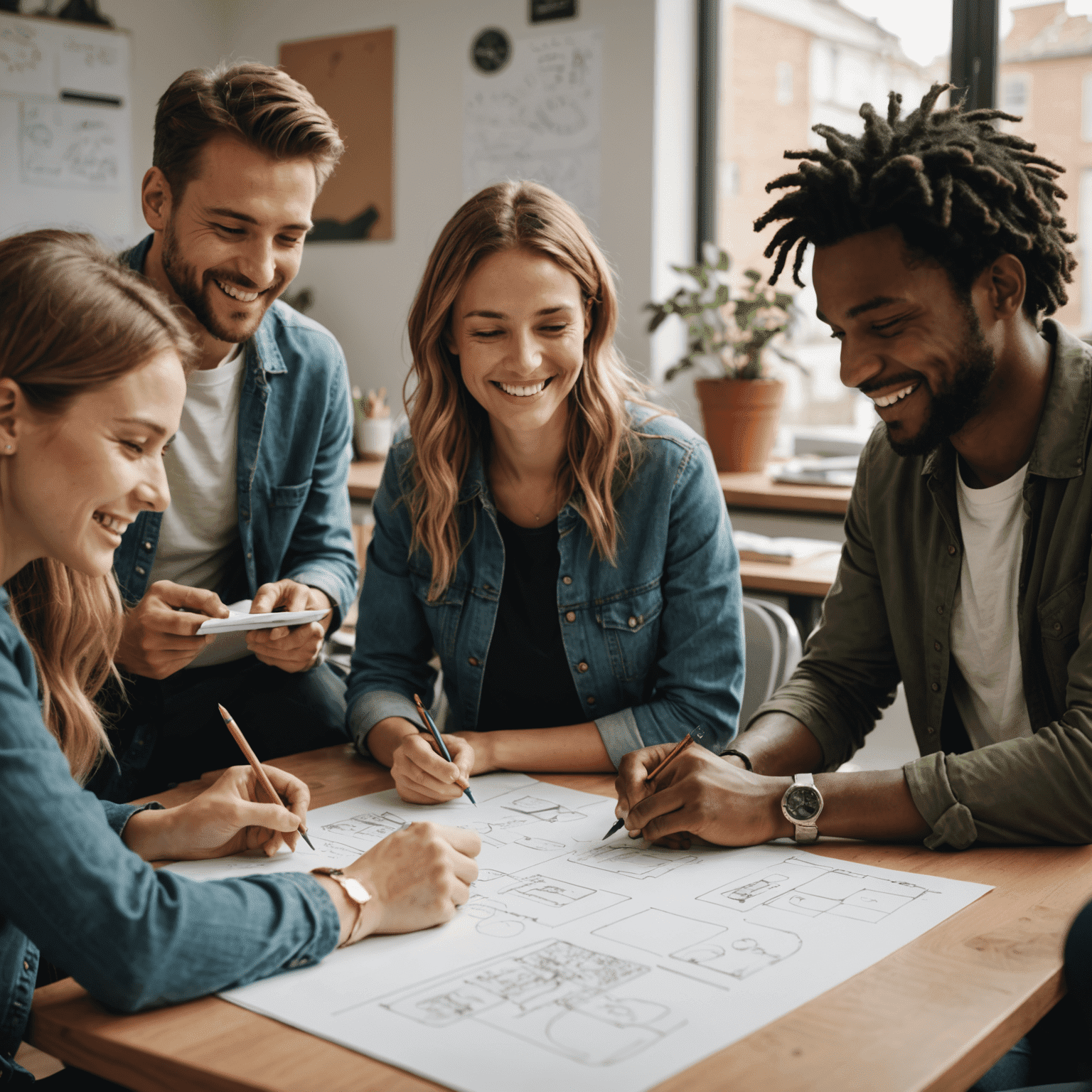 Gruppe von Menschen, die gemeinsam an einem Tisch sitzen und Ideen auf Papier skizzieren. Sie tragen lächelnde Gesichter und scheinen engagiert in einer Brainstorming-Session für ein Gemeinschaftsprojekt zu sein.