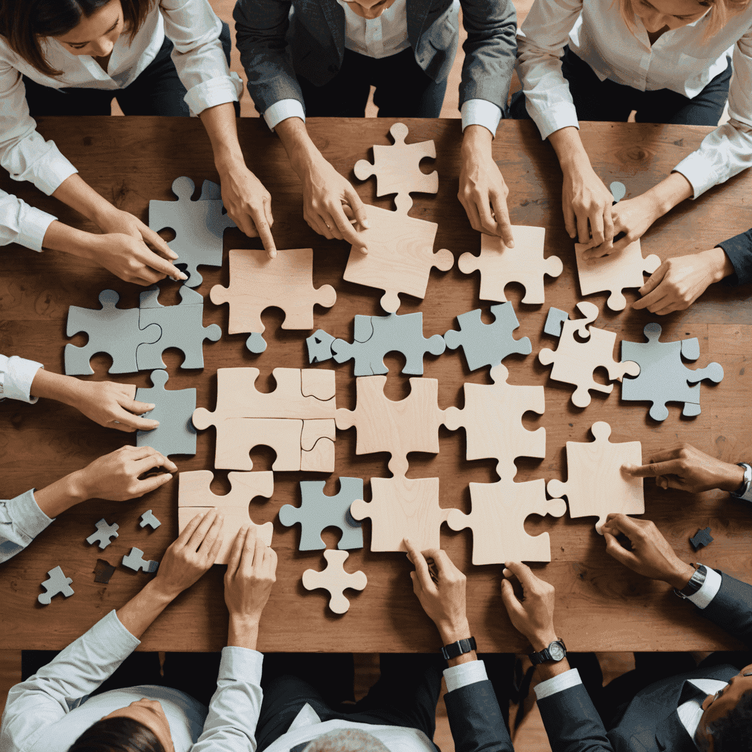 Eine Gruppe von Menschen, die gemeinsam ein Projekt finanzieren, symbolisiert durch Puzzleteile, die zusammengesetzt werden