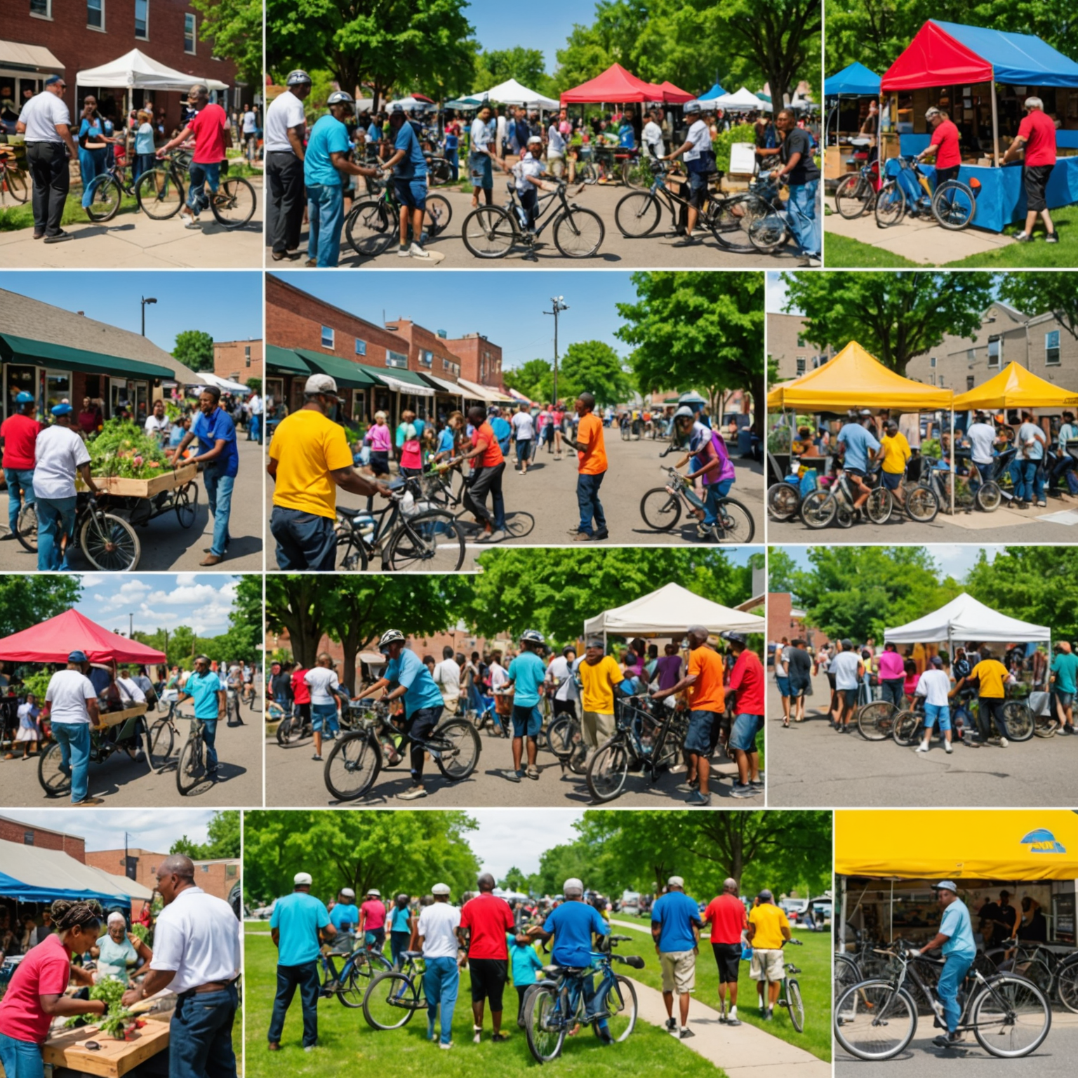 Collage von verschiedenen Gemeinschaftsprojekten: Ein Stadtgarten, ein Jugendzentrum, eine Fahrradwerkstatt und ein Nachbarschaftsfest. Die Bilder zeigen Menschen unterschiedlichen Alters und Herkunft, die zusammenarbeiten und lächeln.