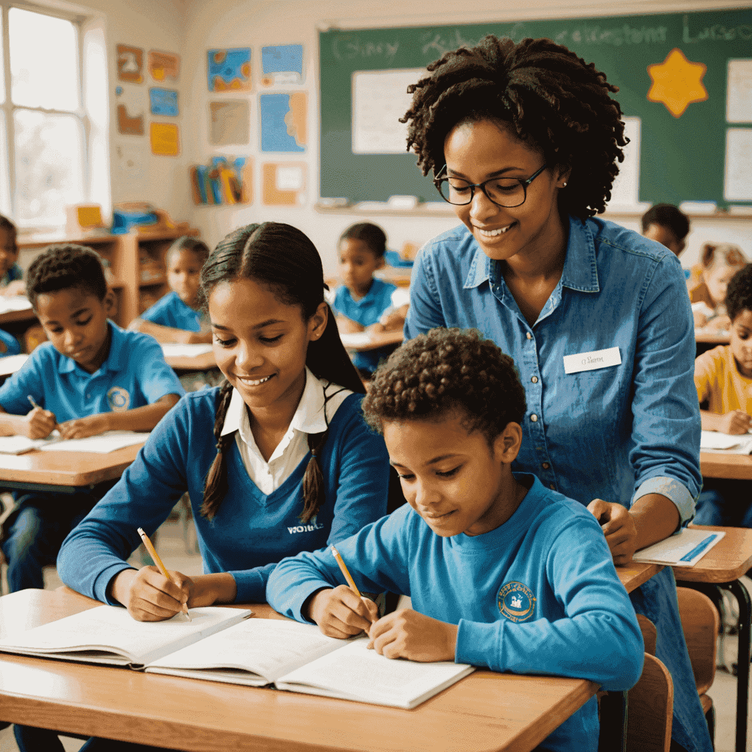 Freiwillige, die Kindern in einem Klassenzimmer Nachhilfe geben und bei Hausaufgaben helfen