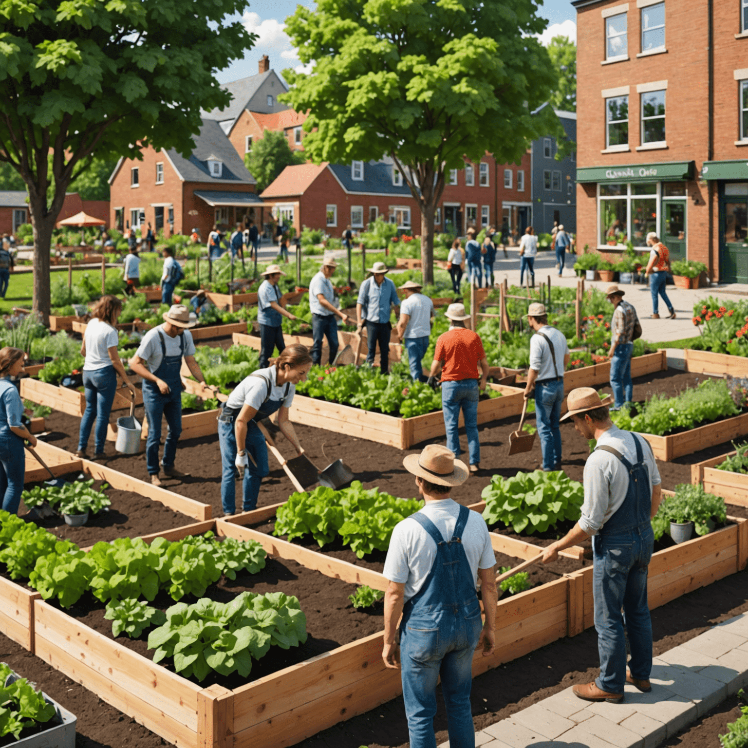 Verschiedene Menschen arbeiten zusammen an einem Gemeinschaftsprojekt, wie z.B. einem Gemeinschaftsgarten oder der Renovierung eines öffentlichen Raums
