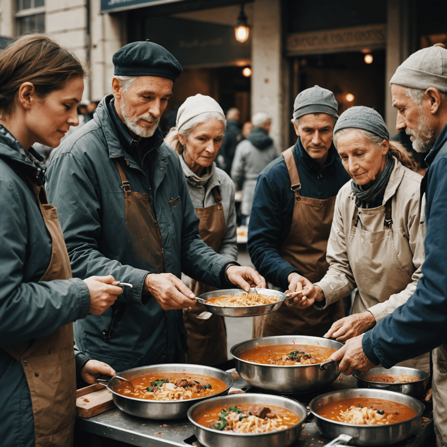 Freiwillige, die in einer Suppenküche Essen an Bedürftige verteilen