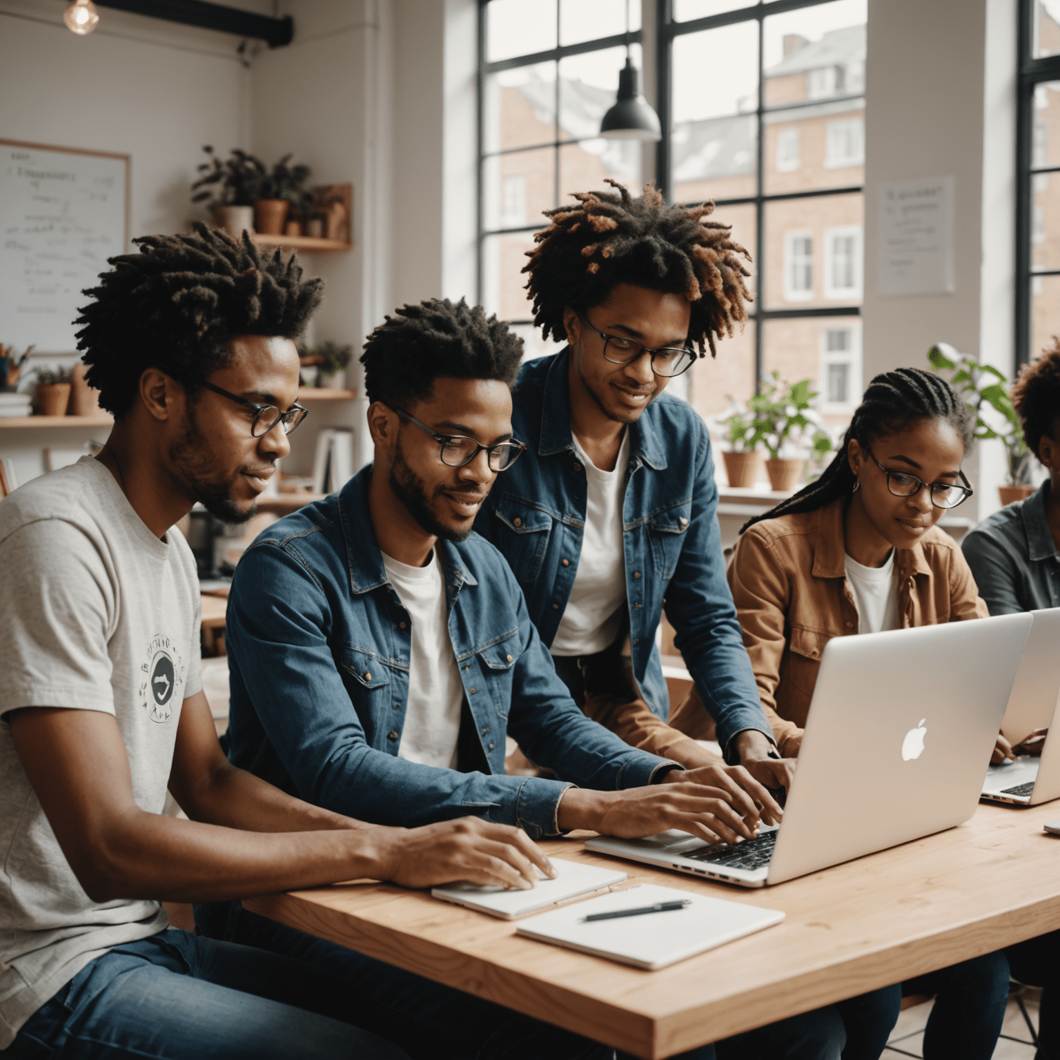 Ein Team von ChangeMakers, das gemeinsam an einem Projekt arbeitet, unter Verwendung von Laptops und digitalen Tools