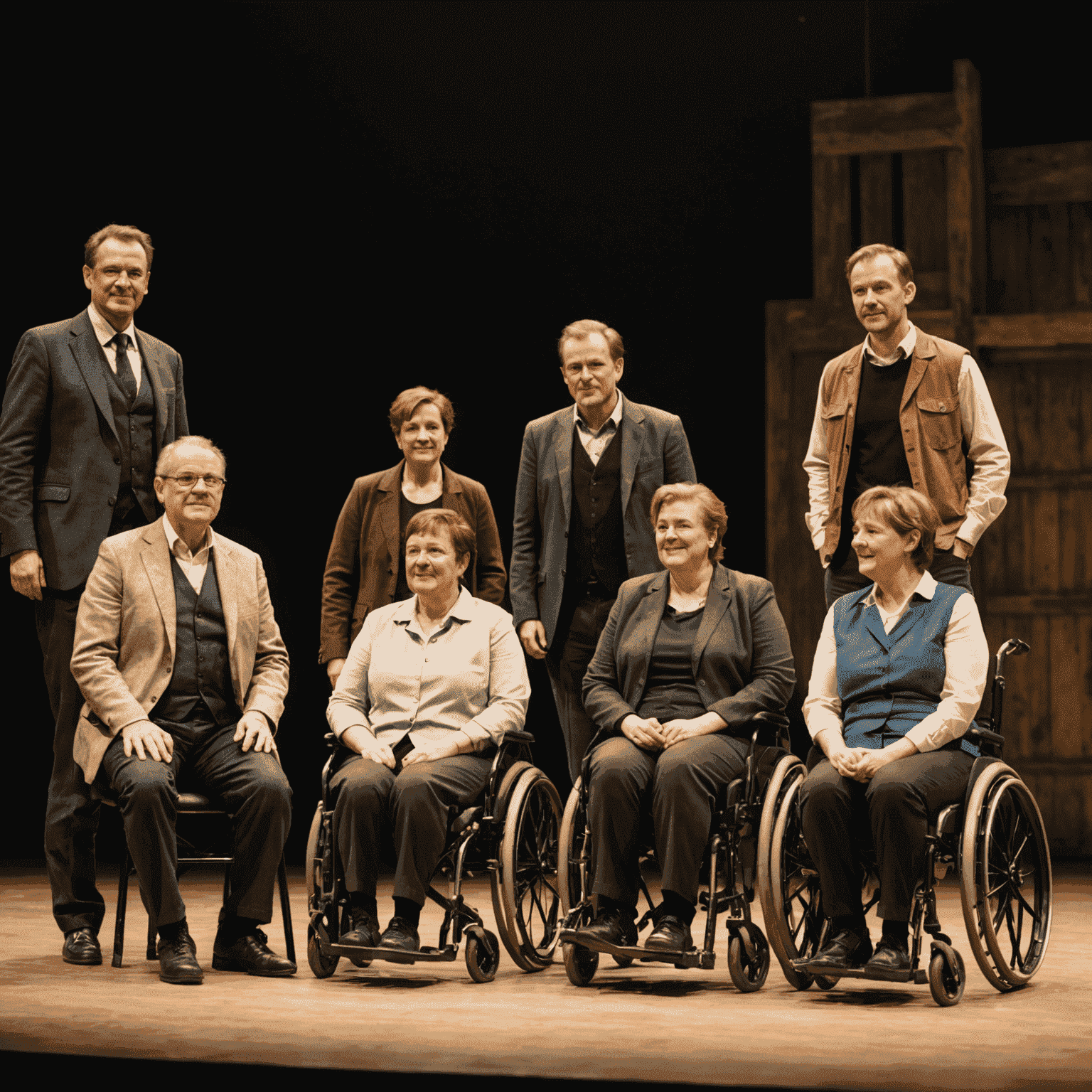 Diverse Gruppe von Schauspielern auf einer Bühne in Berlin, einige mit sichtbaren Behinderungen